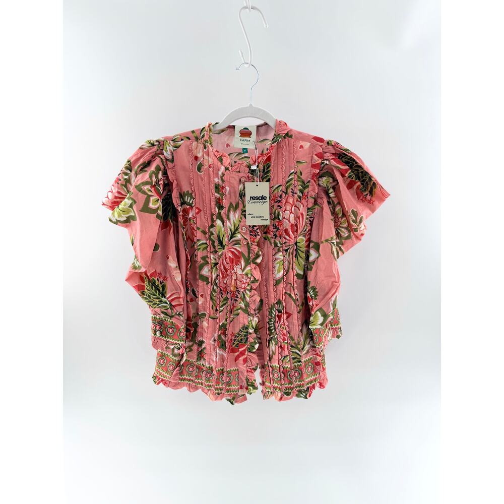 FARM Rio Aura Floral Short-Sleeve High Neck Blouse Top Soft Pink Women's Medium - Picture 6 of 9